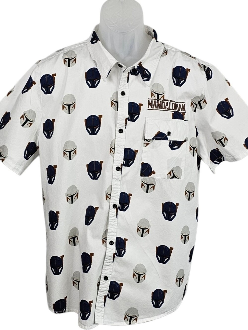 Star Wars Mandalorian Button Up Shirt Mens Large Helmet Print Cotton Disney L